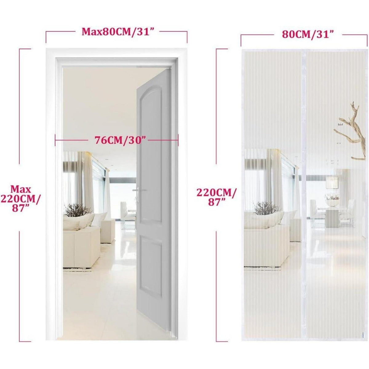 Magnet Fliegengitter Tür 80x220cm Weiß, Klebemontage ohne Bohren