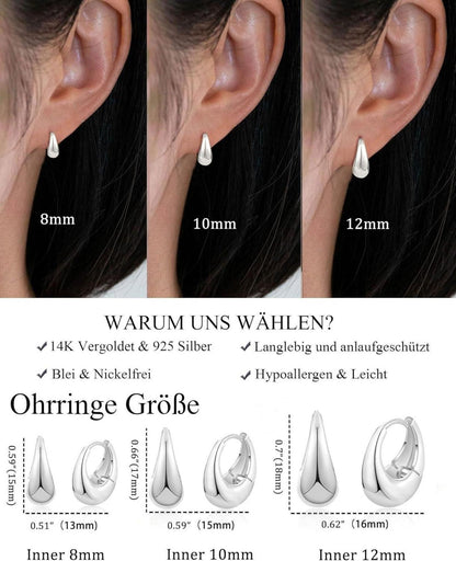 3 Paar Creolen Silber 925/Gold Damen Ohrringe Set 14K Vergoldet Mini