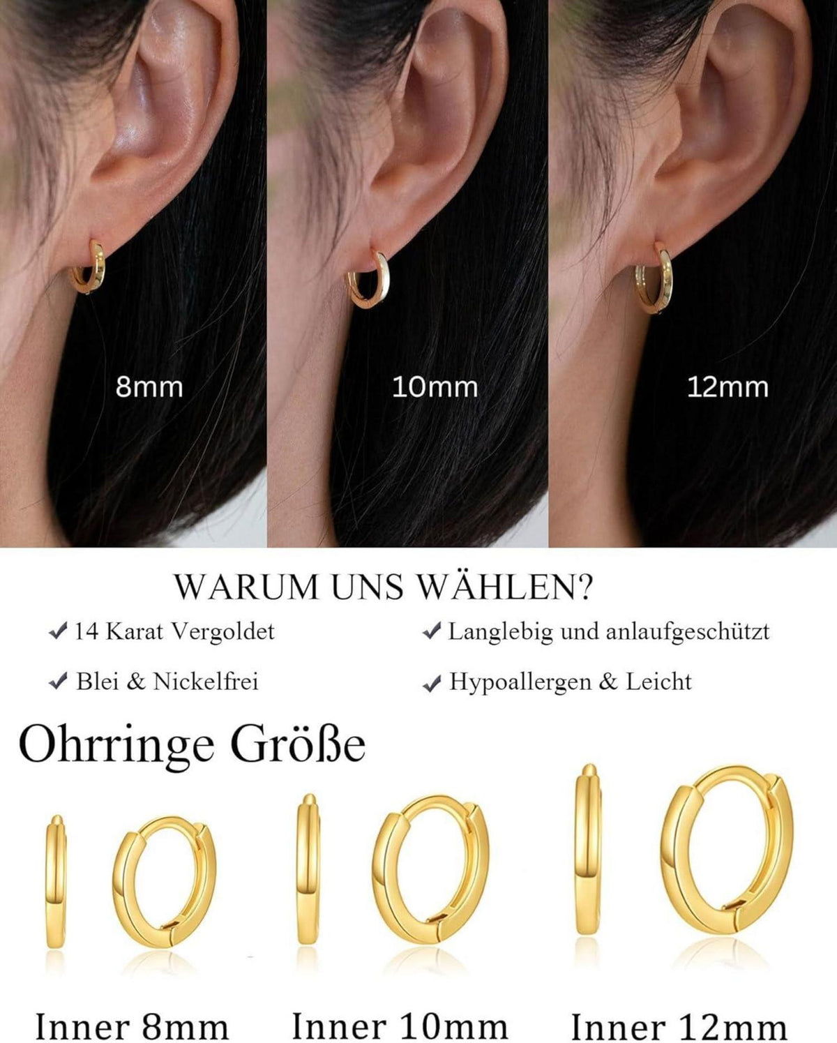 3 Paar Creolen Silber 925 Gold Damen Ohrringe Set 14K Vergoldet Mini