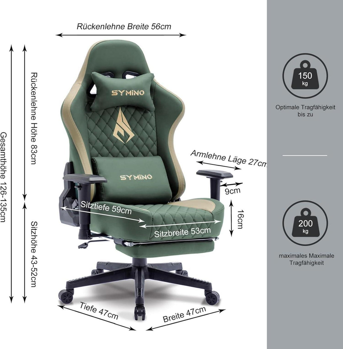 Ergonomischer Gaming Stuhl mit 200kg Belastbarkeit & verstellbaren