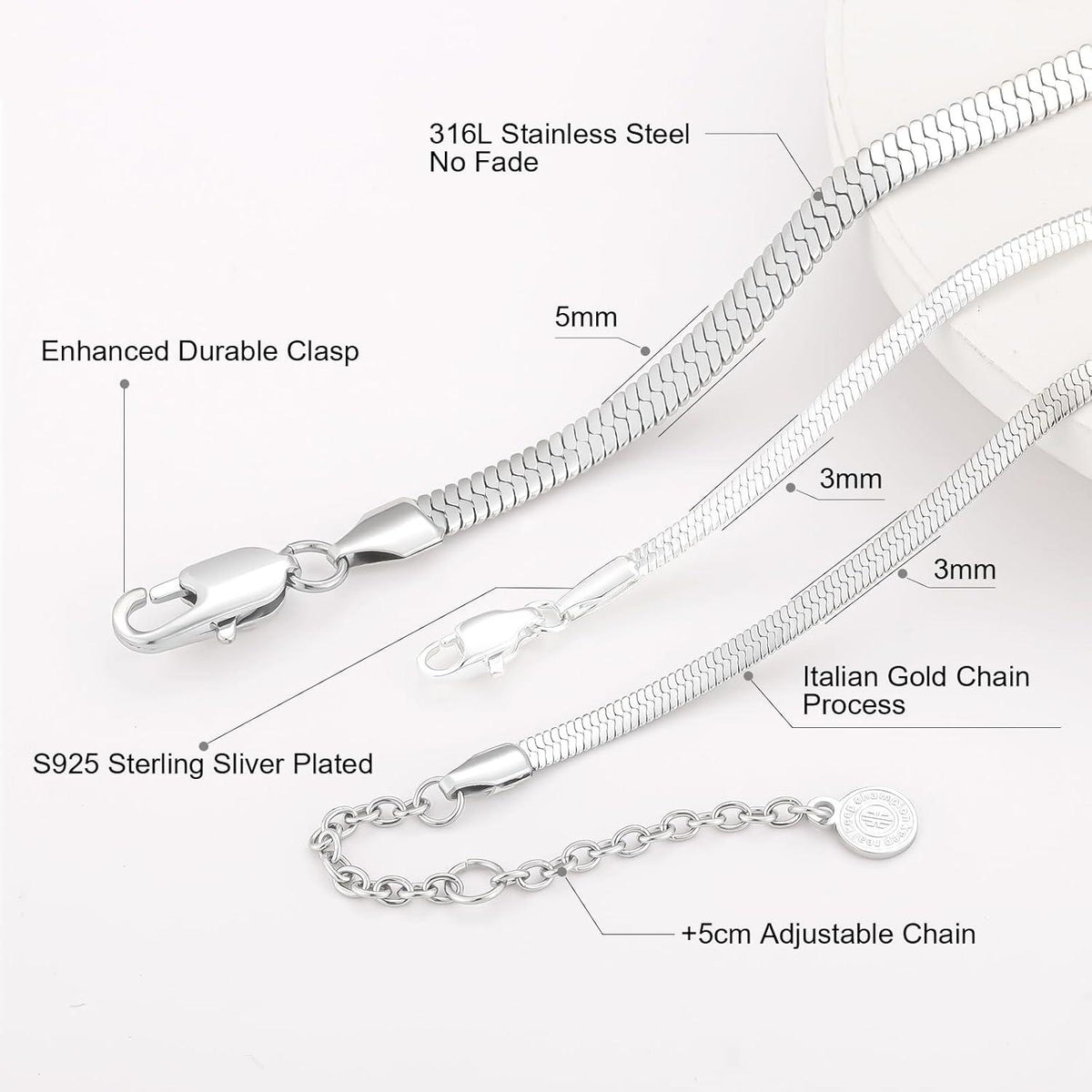 Schlangenkette 3mm Edelstahl Silber Gold verstellbar 41-51cm