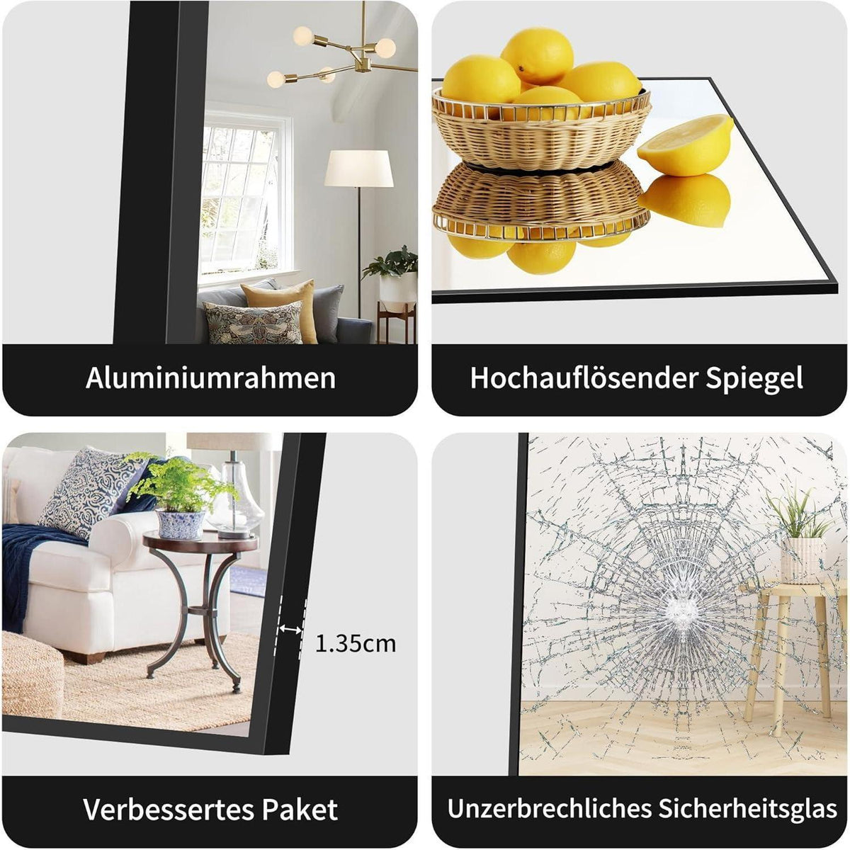 Ganzkörperspiegel 179x65cm Standspiegel mit schwarzem Aluminiumrahmen