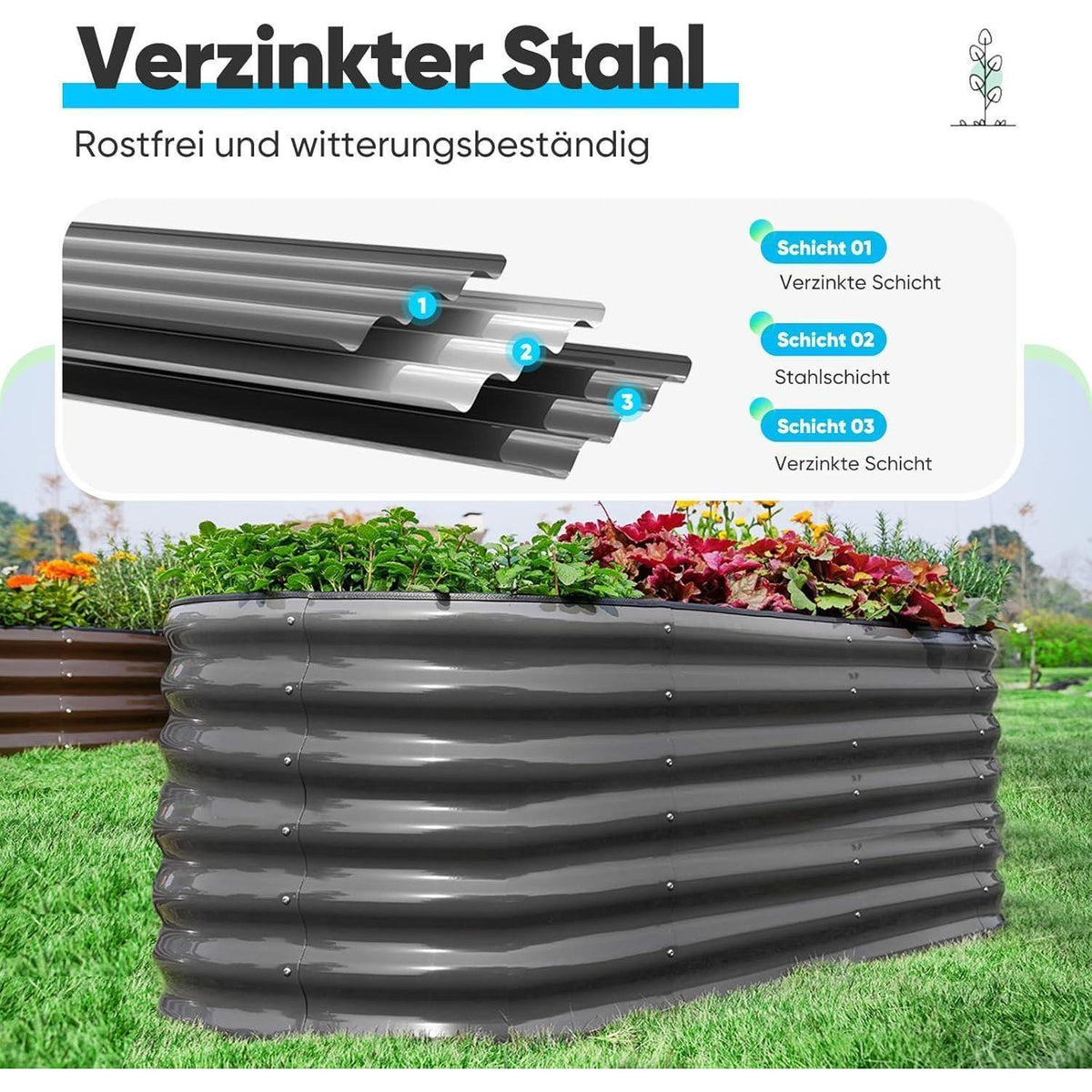 Hochbeet 180x90cm Oval aus Metall, Grau