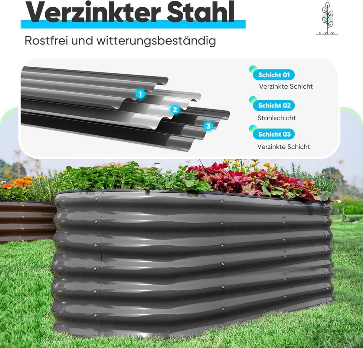Metall Hochbeet oval 180x90x62cm Grau Pflanzkasten Gemüsebeet