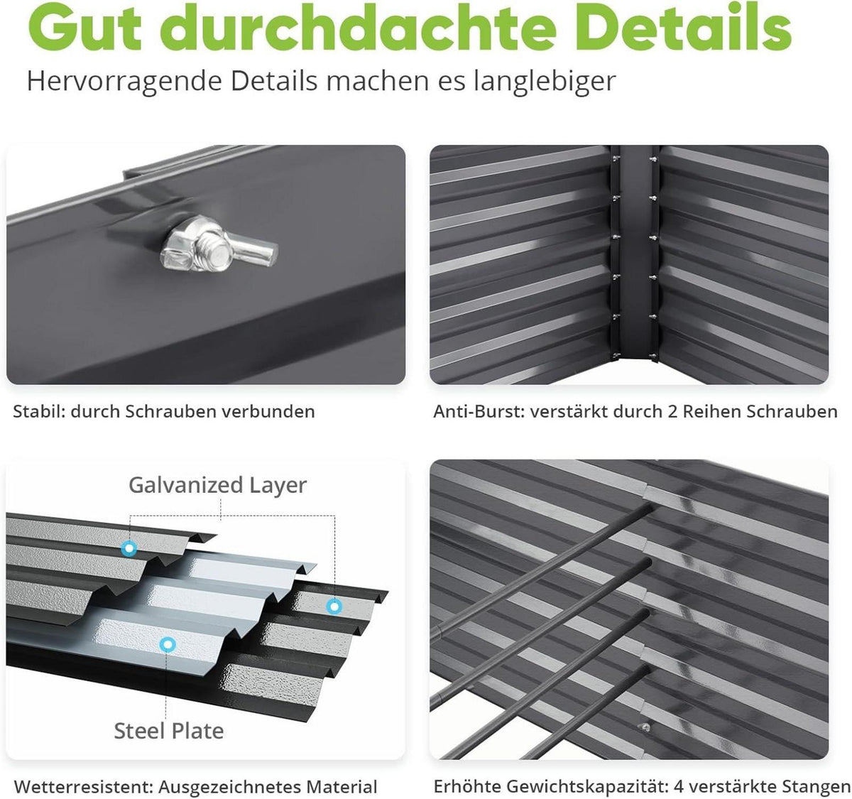 Hochbeet Metall 244x122x56cm, Wetterfestes Pflanzenbeet mit