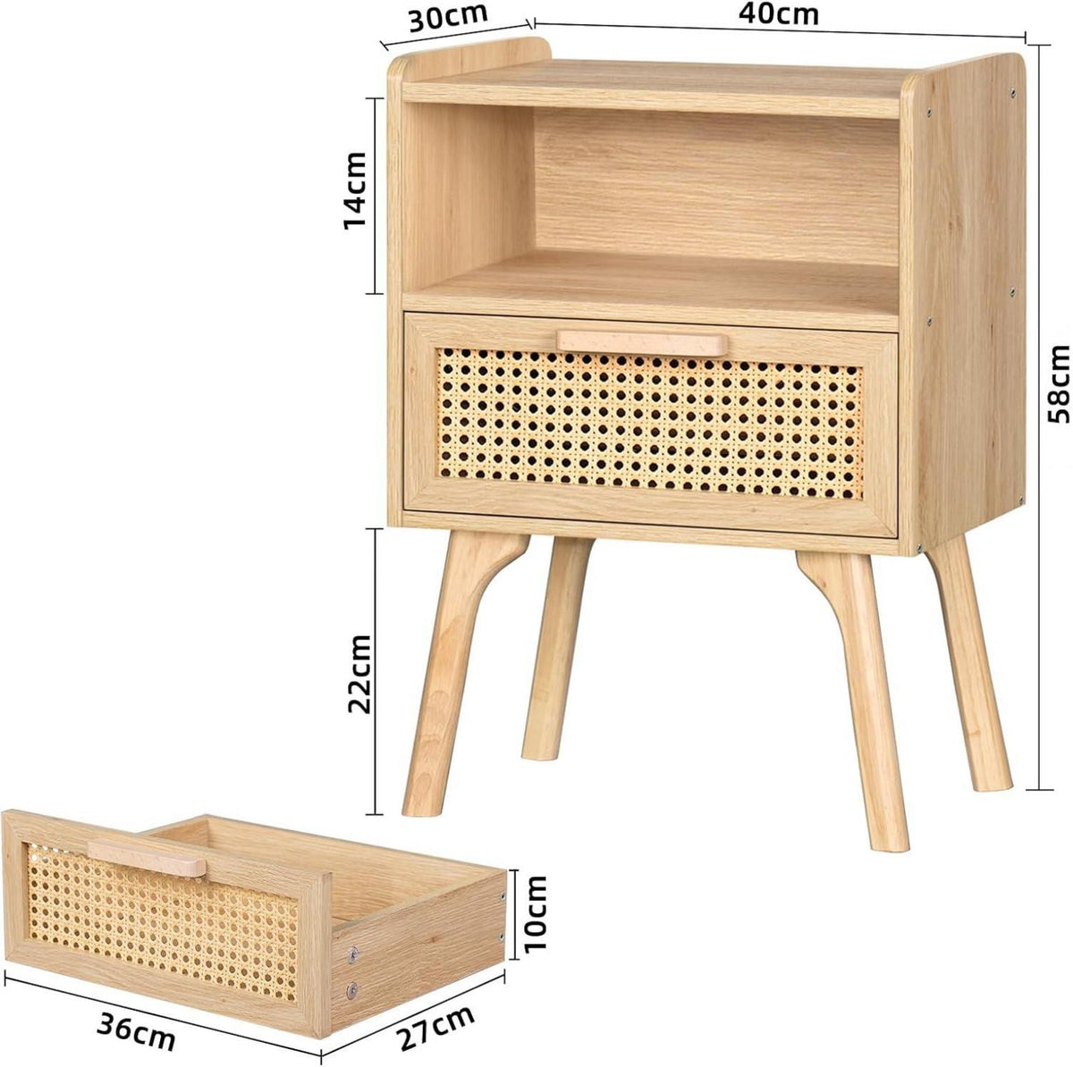Nachttisch Rattan Boho mit Schublade und Regal Massivholz