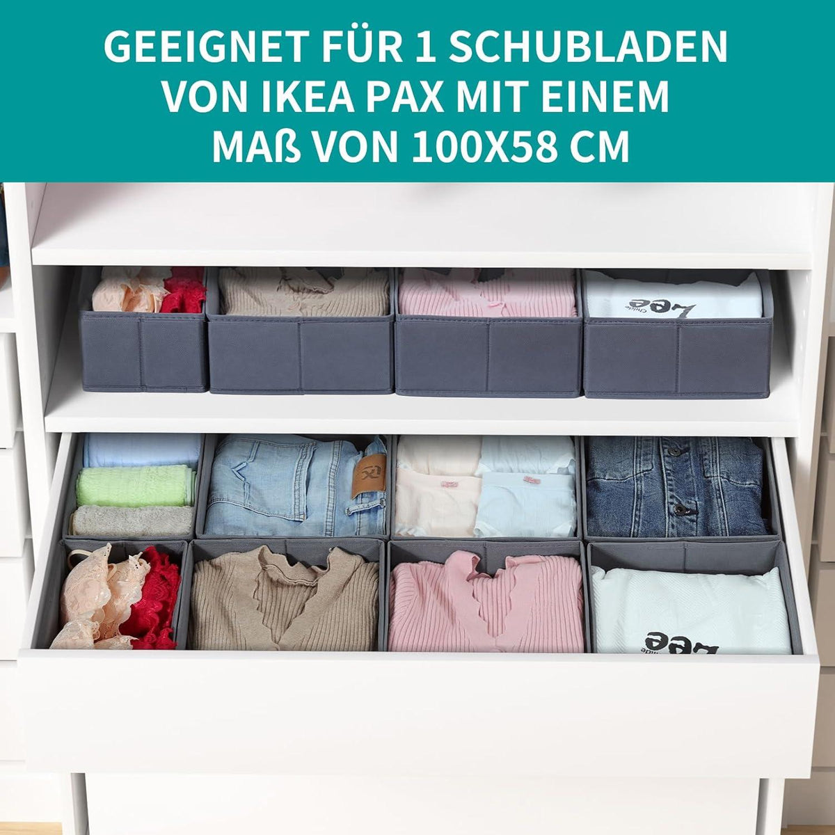 Schubladen Organizer für PAX Kleiderschrank 100x58cm, 8er-Set, Grau