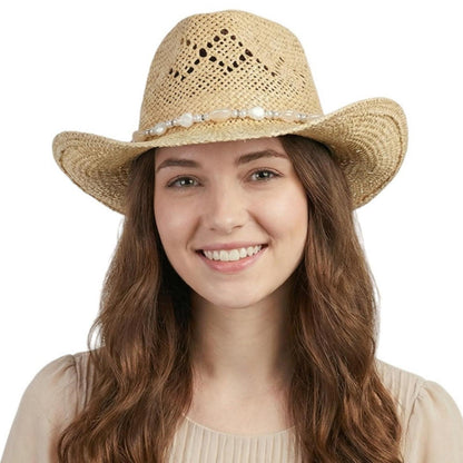 Sommer Cowboyhut Damen Stroh mit Perlen & Formbarer Krempe