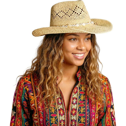 Sommer Cowboyhut Damen Stroh mit Perlen & Formbarer Krempe