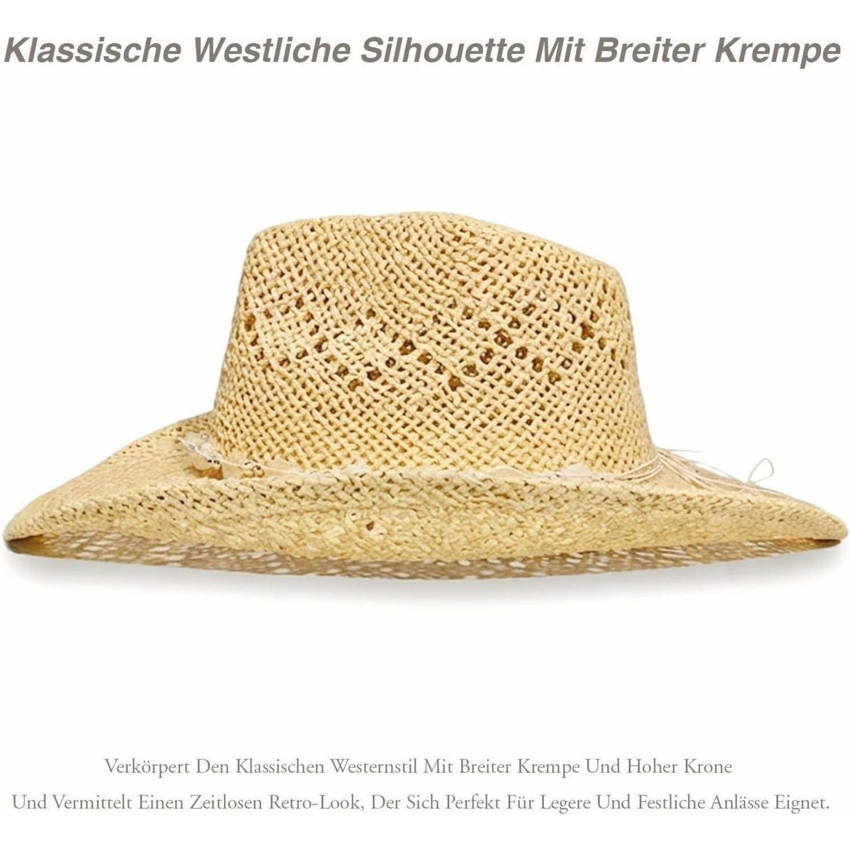Sommer Cowboyhut Damen Stroh mit Perlen & Formbarer Krempe