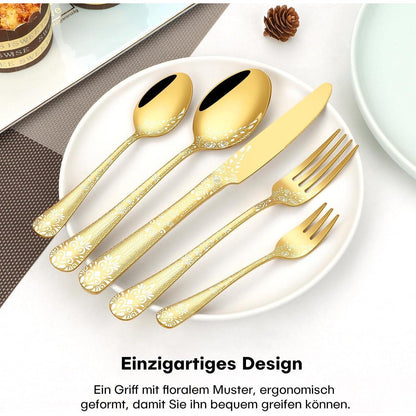 30-teiliges Besteckset Gold für 6 Personen mit Blumenmuster