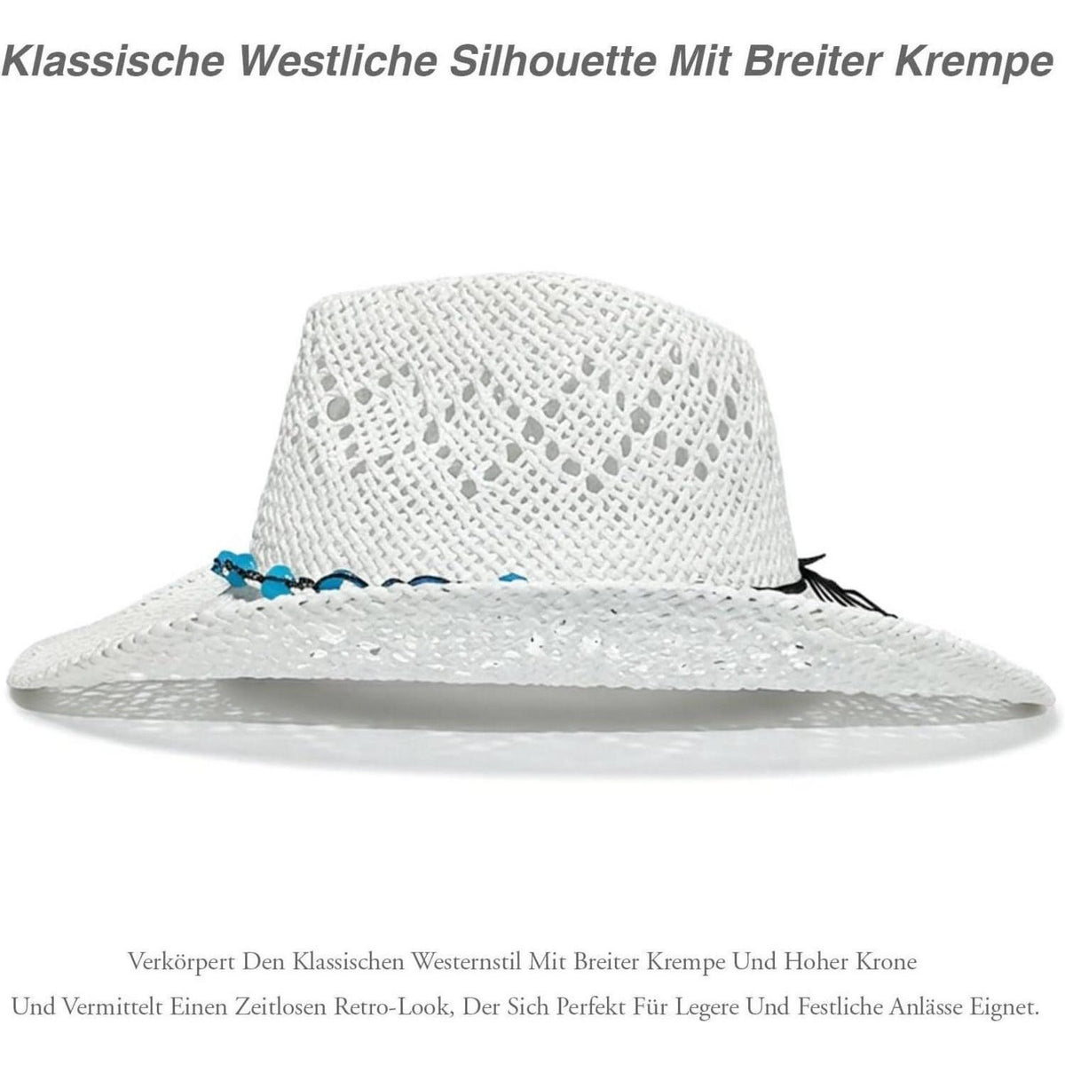 Sommer Cowboyhut Damen Stroh mit Perlenbesatz - Weiß