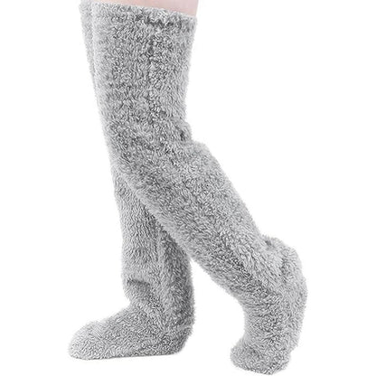 Kuschelsocken Overknee Damen hellgrau Plüsch warm