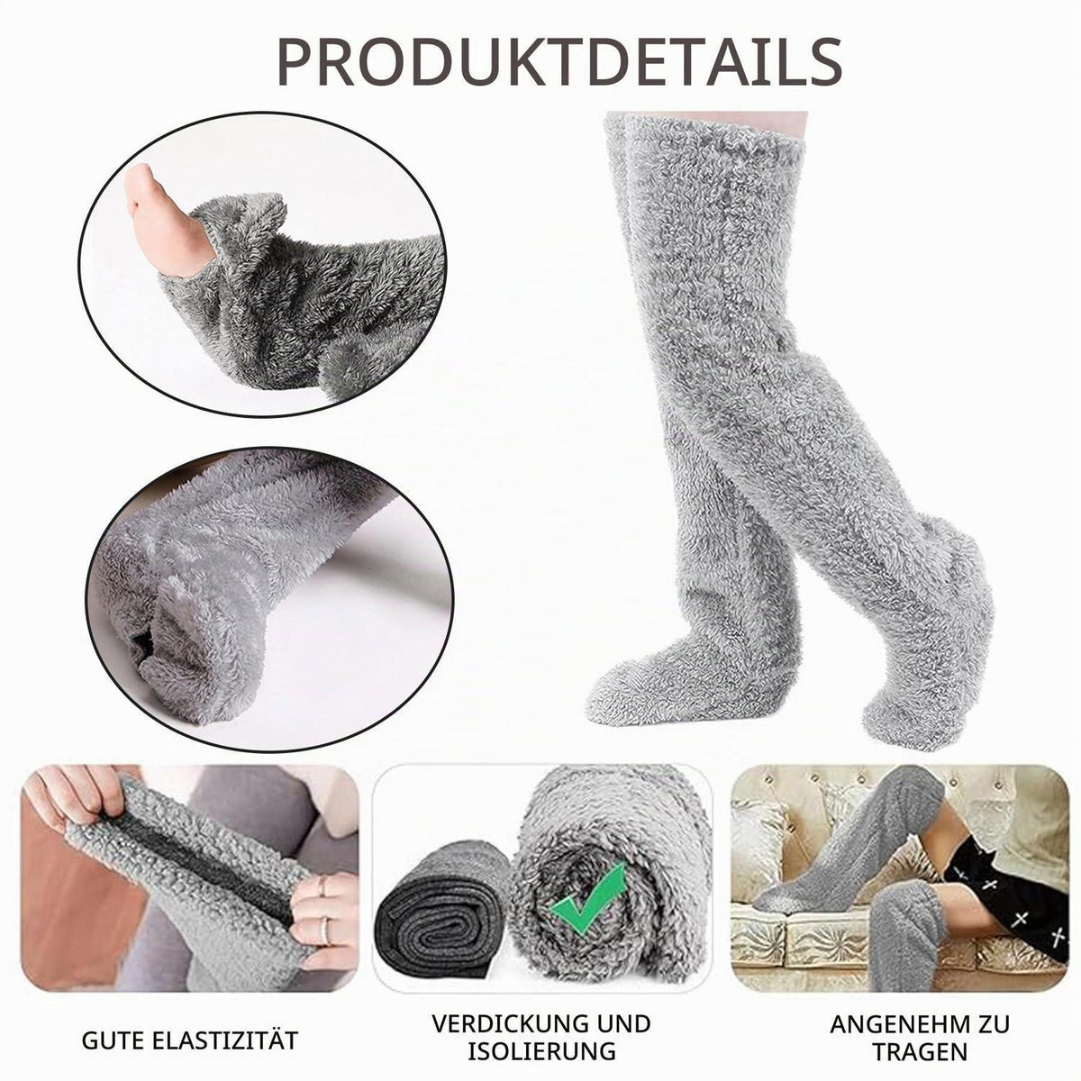 Kuschelsocken Overknee Damen hellgrau Plüsch warm