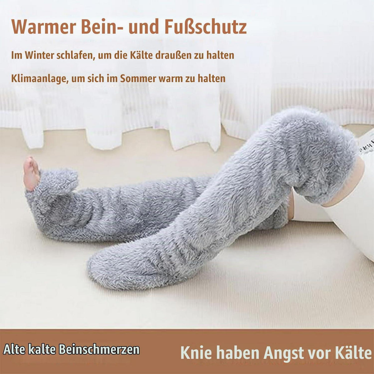 Kuschelsocken Overknee Damen hellgrau Plüsch warm