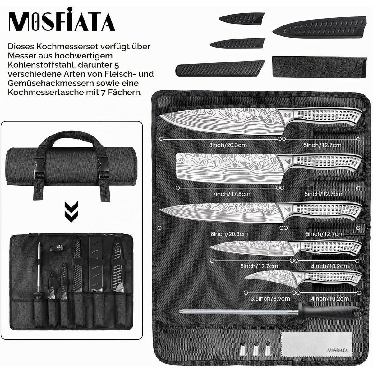 10-teiliges Küchenmesser-Set aus Edelstahl mit Tasche & Wetzstahl