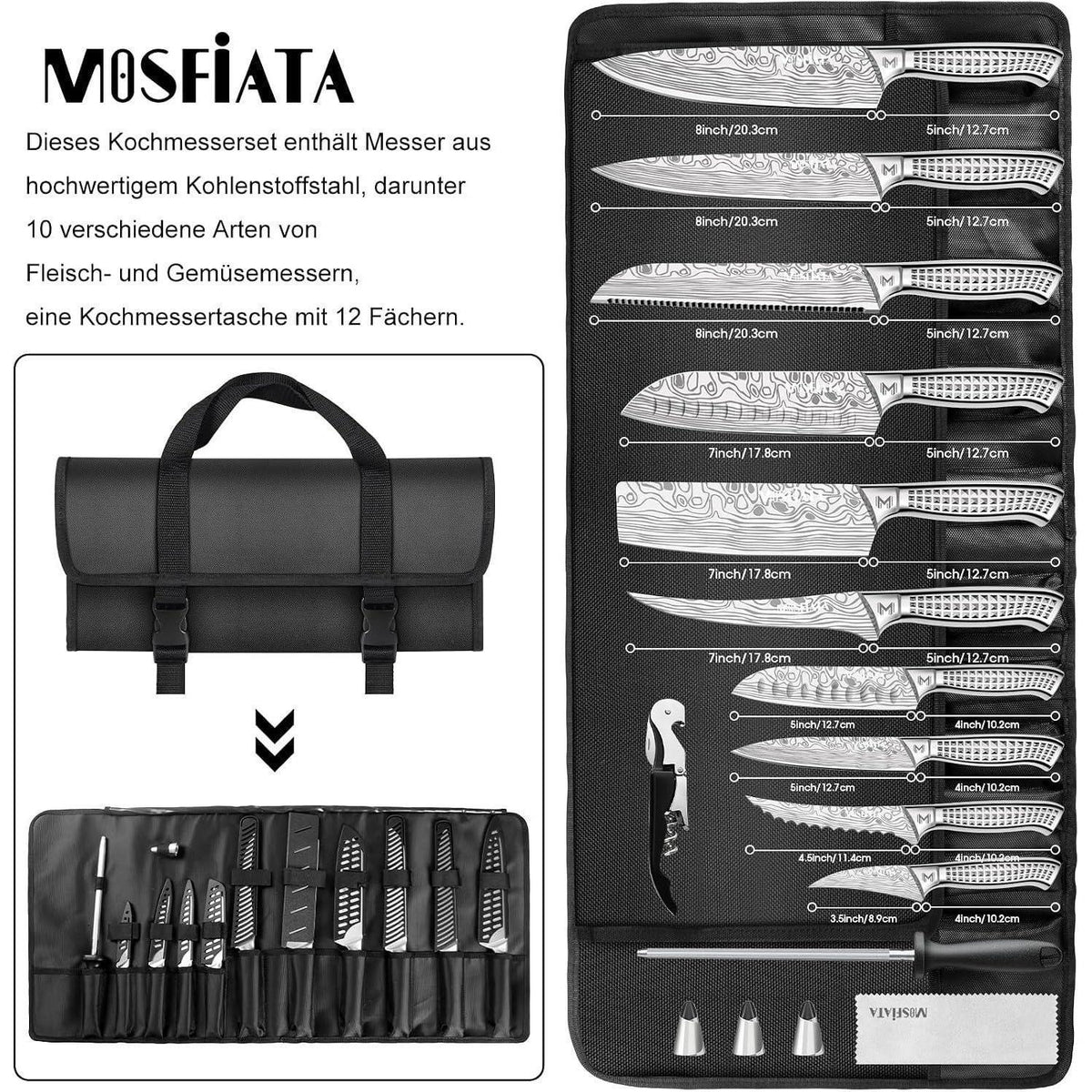 Küchenmesser Set 17-tlg. Edelstahl Profi mit Tasche & Wetzstahl