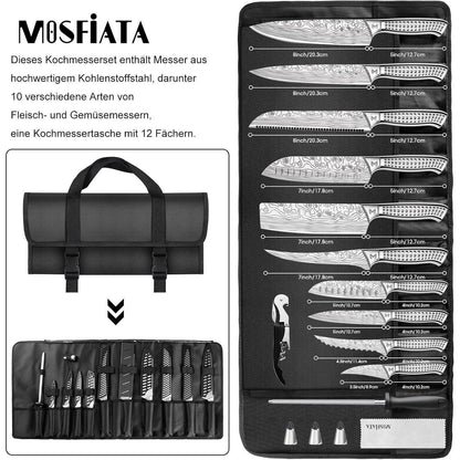 Küchenmesser Set 17-tlg. Edelstahl Profi mit Tasche & Wetzstahl