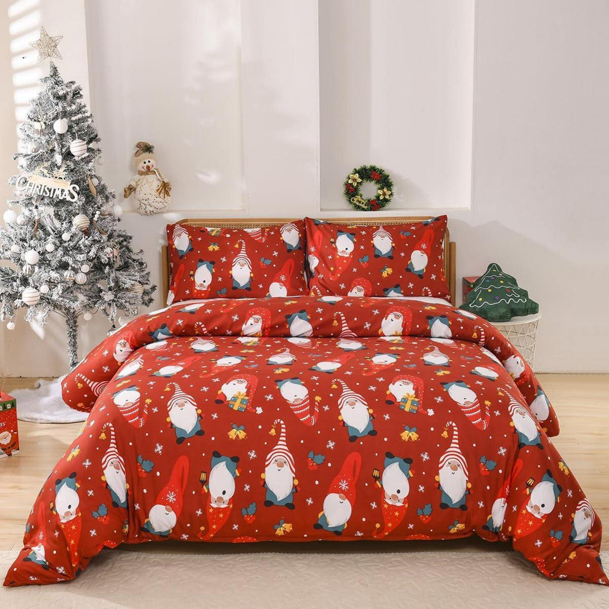 Weihnachts Bettwäsche Set 220x240 cm Rot mit Weihnachtsmann