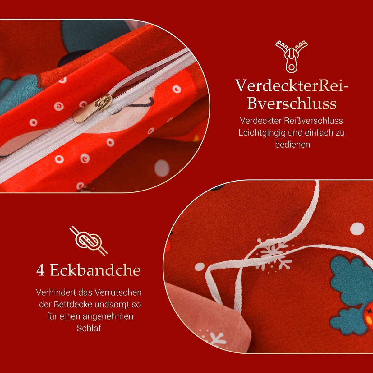 Weihnachts Bettwäsche Set 220x240 cm Rot mit Weihnachtsmann
