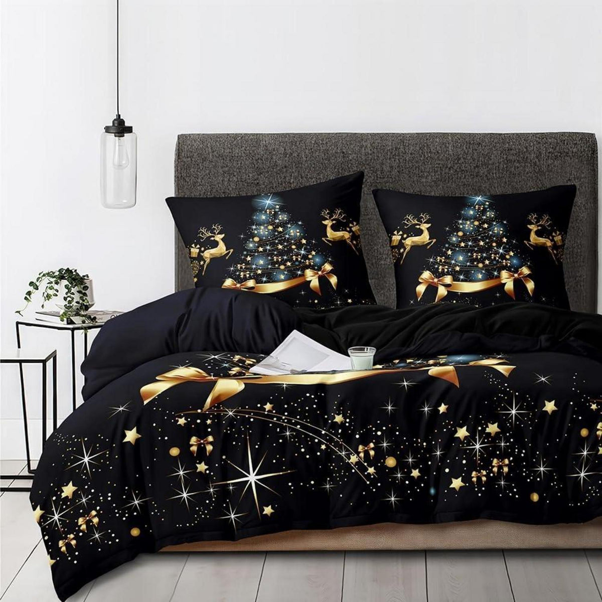 Weihnachts Bettwäsche Set 155x220 cm Schwarz Gold mit Hirsch