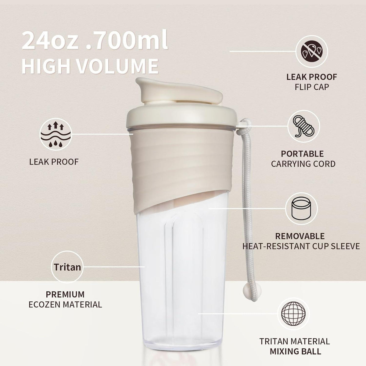 Protein Shaker 700ml Tritan Bottle BPA-frei Silikongriff Fitness Beige