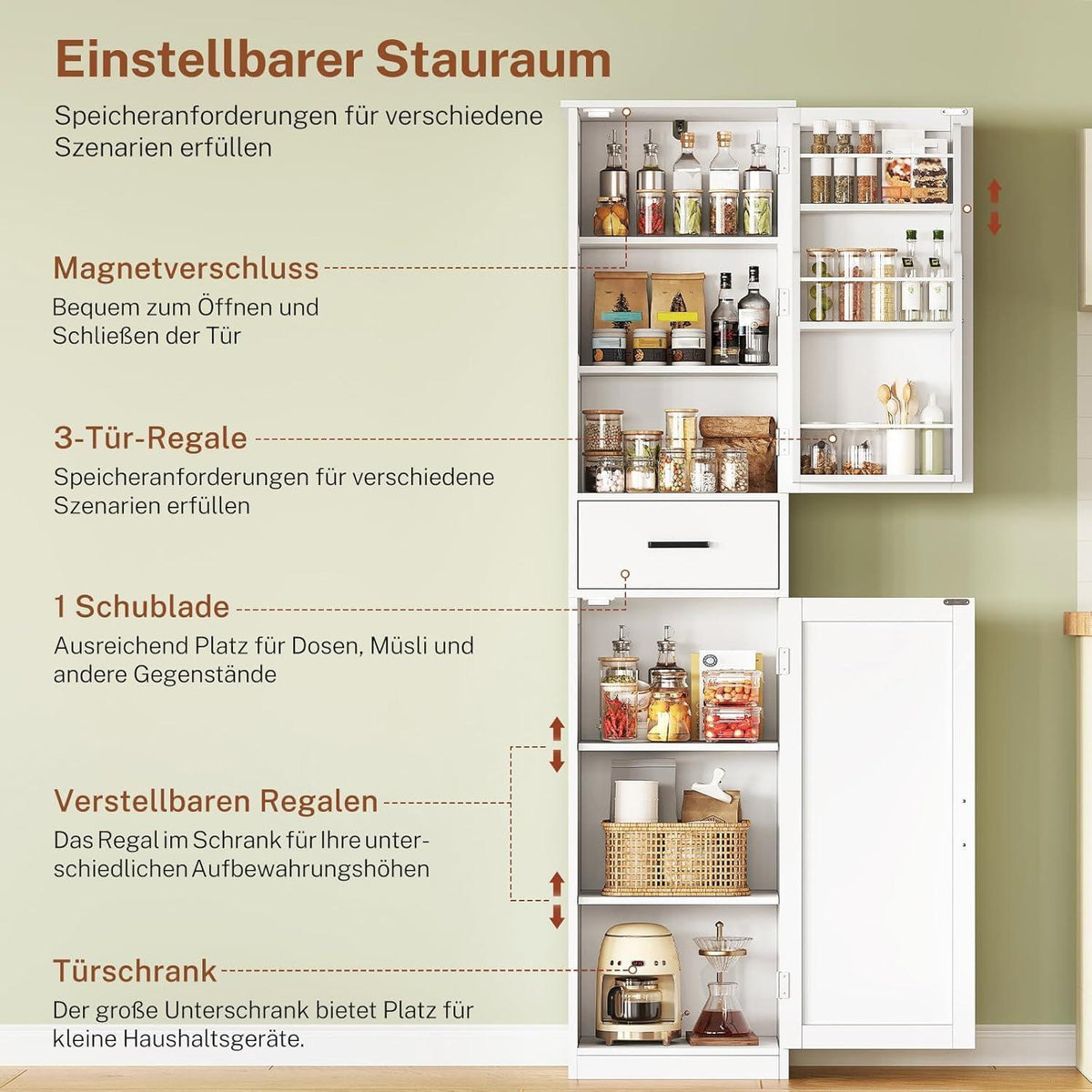Hoch Küchenschrank mit verstellbaren Böden & Türfächern, 170cm