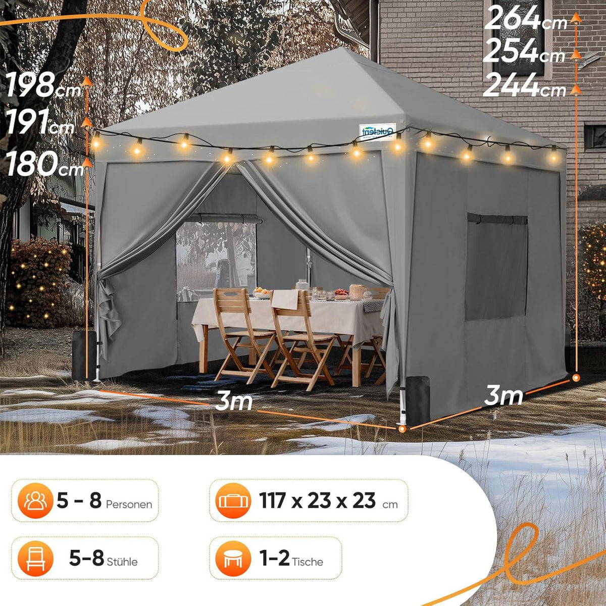 Quictent Pavillon 3x3 mit 4 Seitenteilen Wasserdicht Stabil