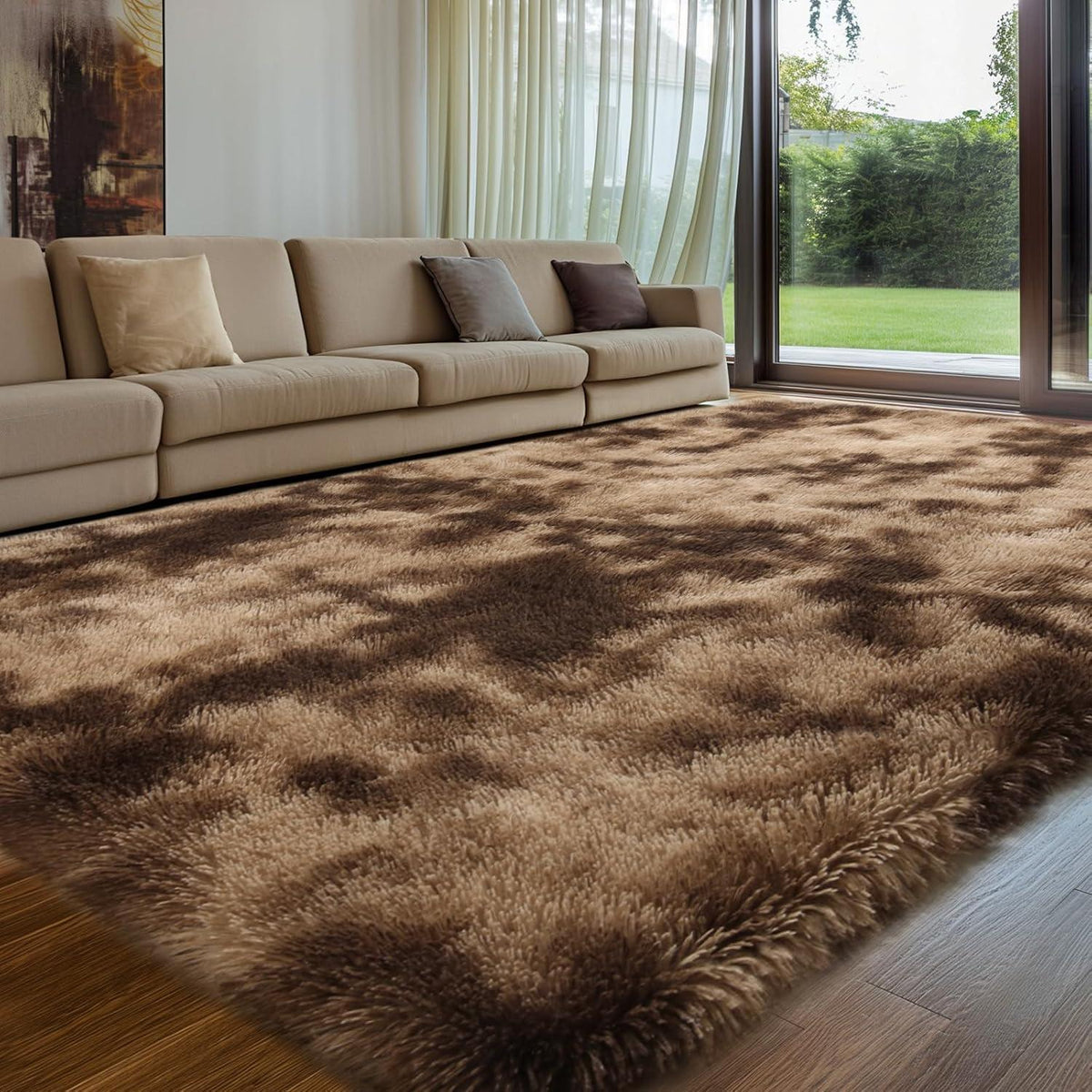 Hochflor Teppich Braun 240x340 – Flauschiger Wohnzimmerteppich Waschbar