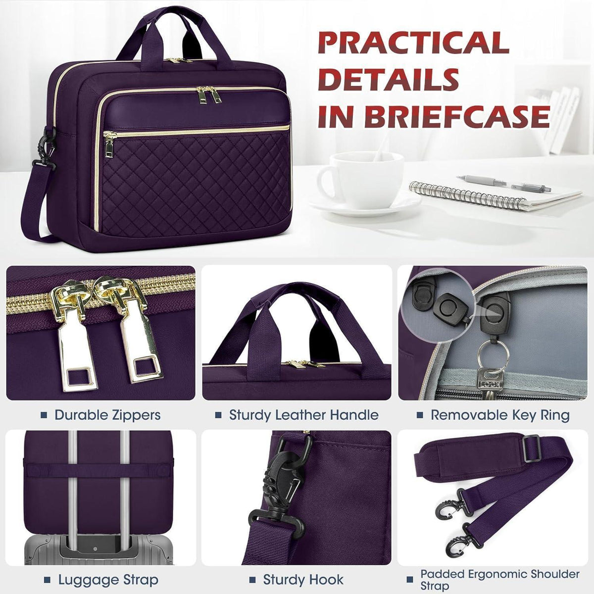 Laptoptasche 17,3 Zoll Damen Aktentasche Wasserdicht Dunkelviolett
