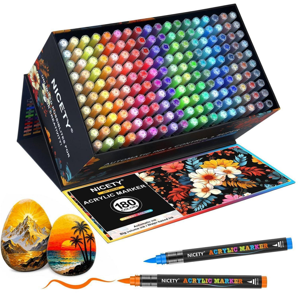 Acrylstifte Set 180 Farben – Pinselspitze für Steine, Holz & mehr