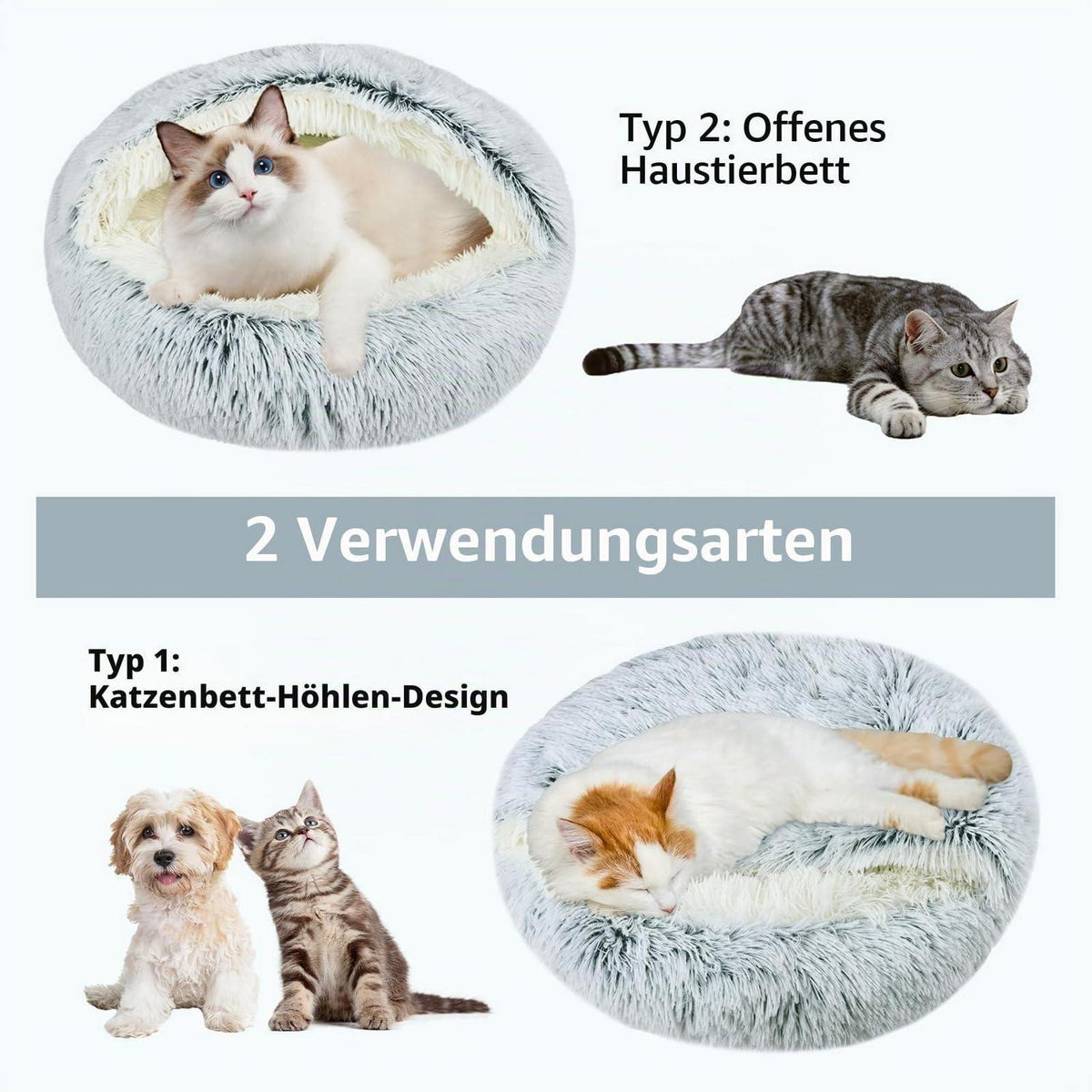 Flauschiges Katzenbett rund, 60x60cm, Grau – Waschbar & Bequem