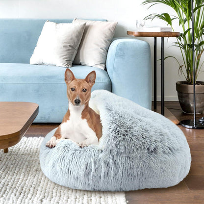 Flauschiges Katzenbett rund, 60x60cm, Grau – Waschbar & Bequem