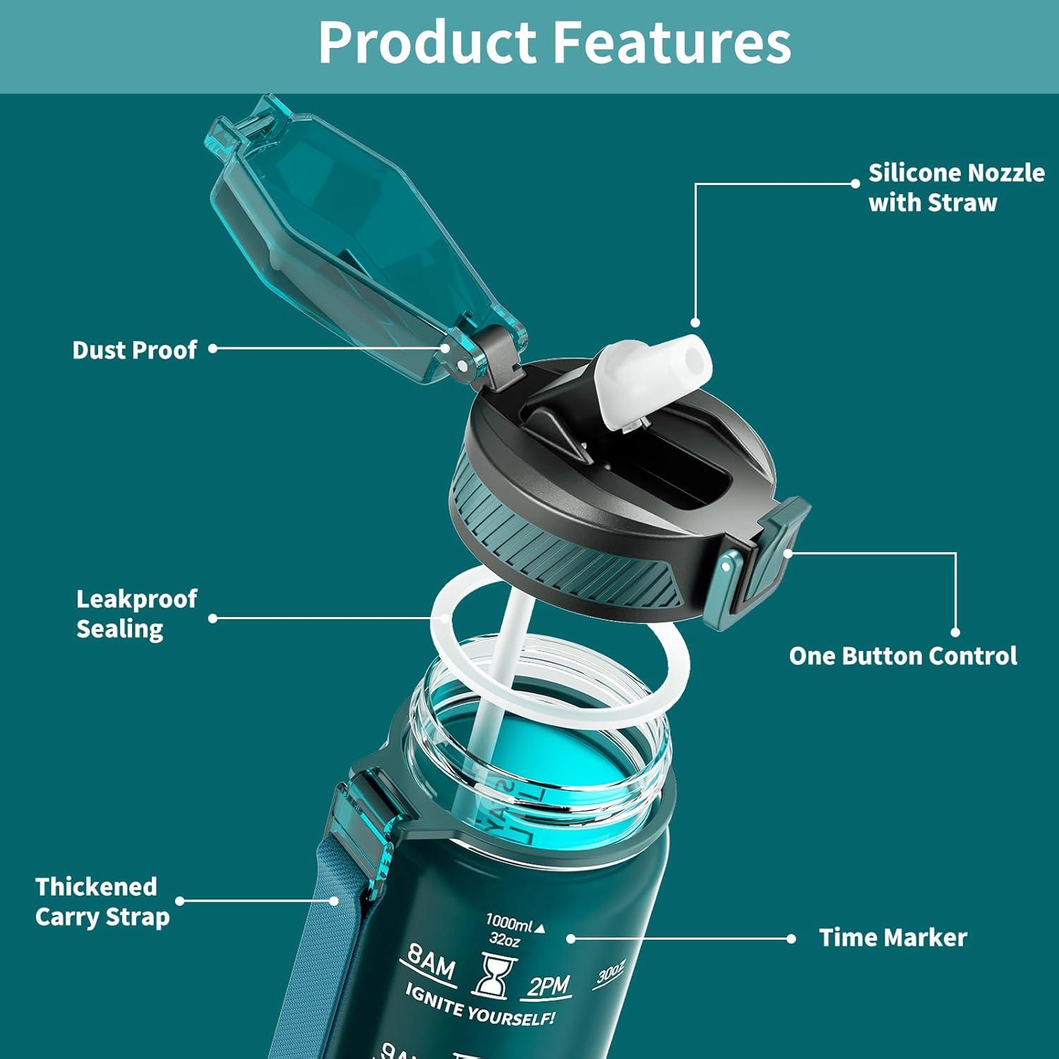 QLUR Trinkflasche 1L BPA-frei Tritan mit Strohhalm und Zeitmarkierung