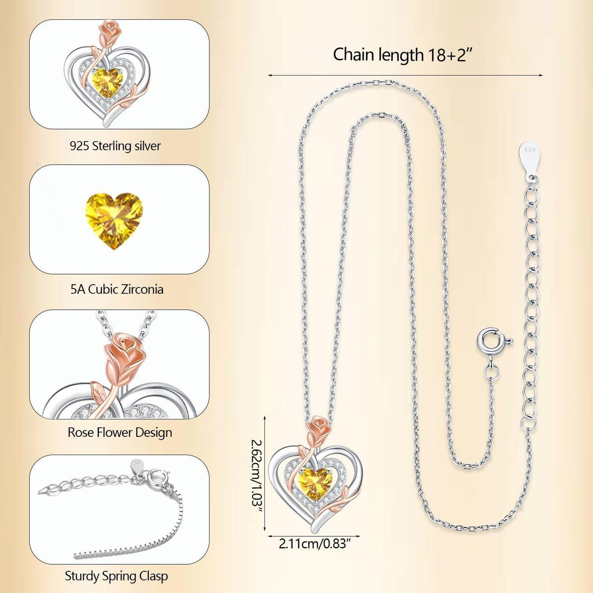 Silber Halskette Damen Herz Rose Geburtsstein Kette 925 Sterling Silber