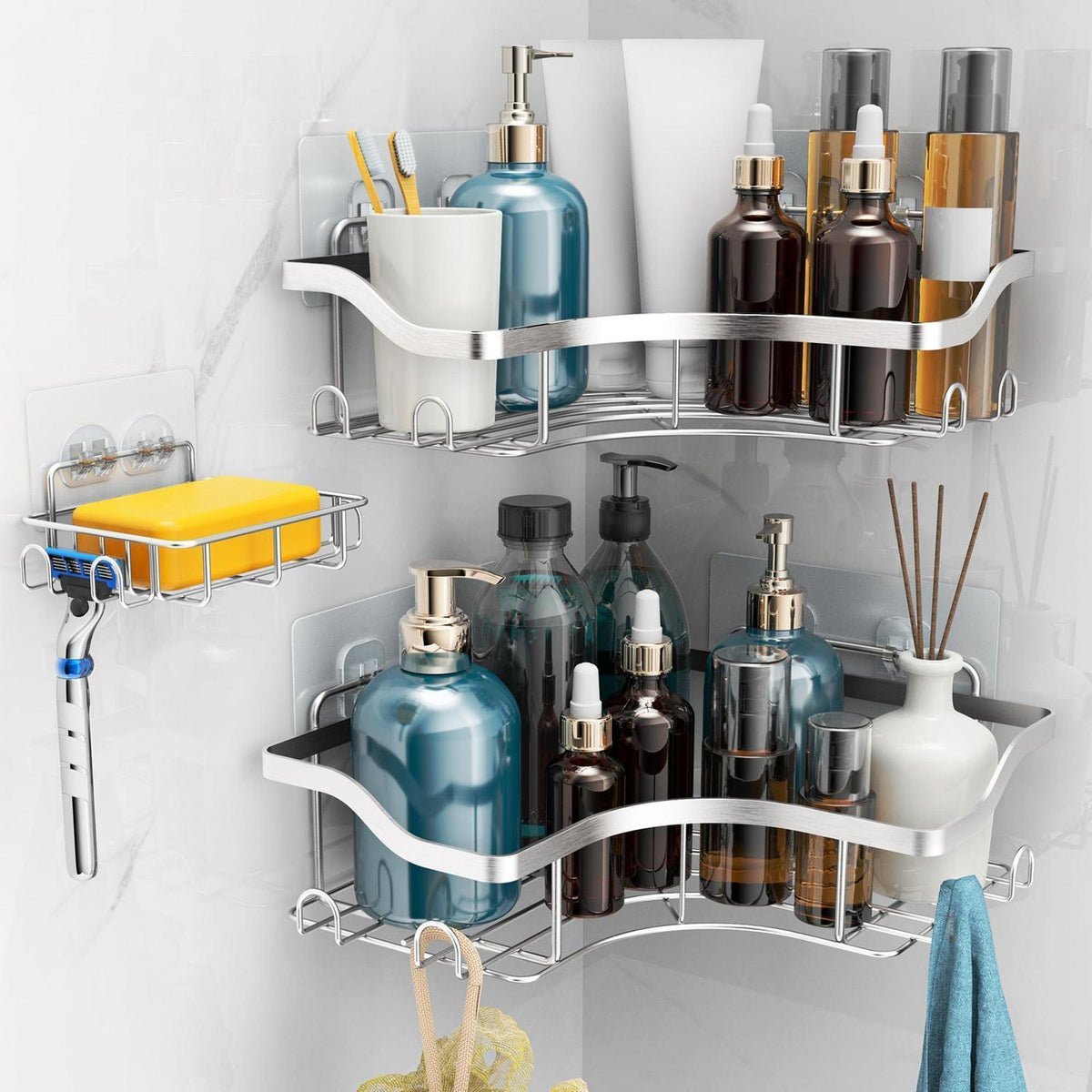 Duschkorb Eckregal ohne Bohren – Edelstahl 3-tlg. Set