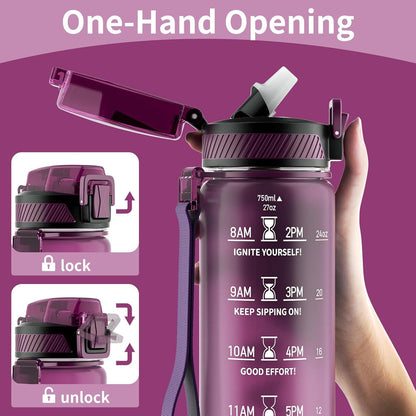 Trinkflasche 750ML auslaufsicher mit Strohhalm und Zeitmarkierung