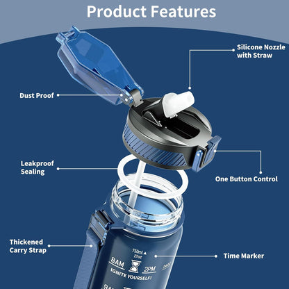 Trinkflasche 750ml BPA-frei mit Strohhalm und Zeitmarkierung
