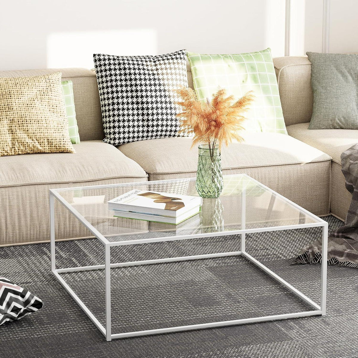 Quadratischer Glas Couchtisch Weiß, Metallgestell, 67x67x40 cm