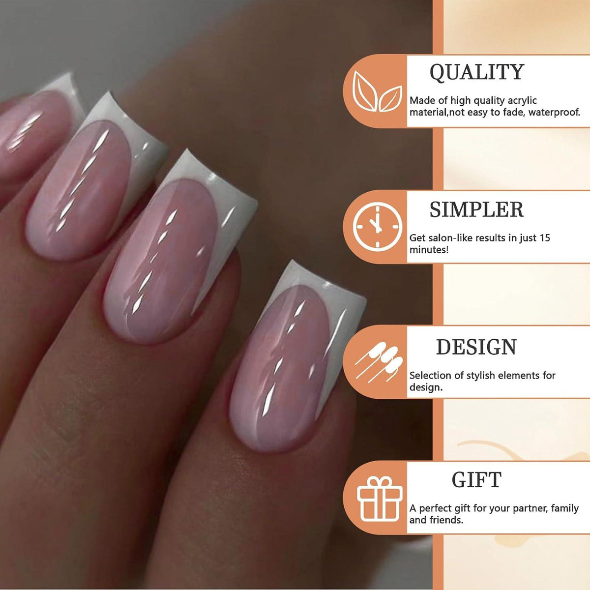 24 Stück Weiße French-Tip Falsche Nägel Kurz Quadratisch Glänzend Pink Wiederverwendbar