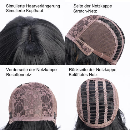 Schwarze Bob Perücke mit Pony – Kurz, Wellig, 30cm