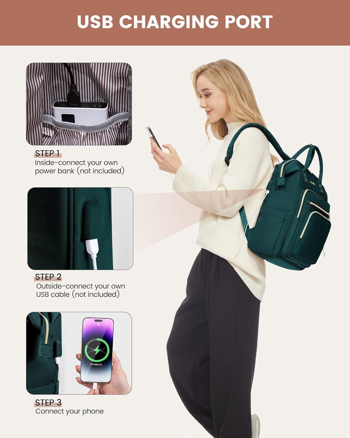 Rucksack Damen 17,3 Zoll Laptop Schulrucksack Mädchen Wasserdicht Reiserucksack elegant Tagesrucksäcke Arbeitstasche Uni Büro Dunkelgrün