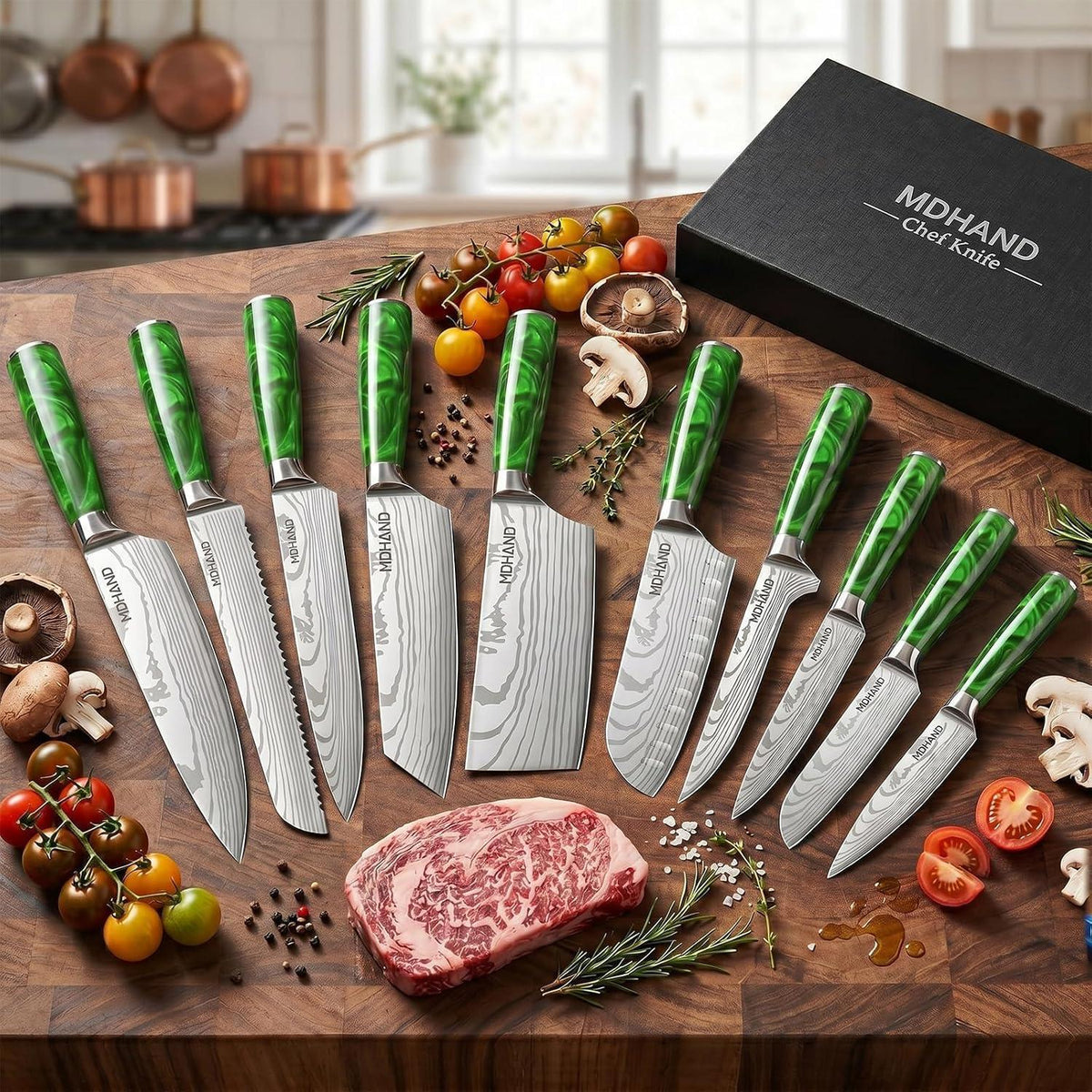 10-teiliges Küchenmesser Set Edelstahl, Ergonomischer Griff