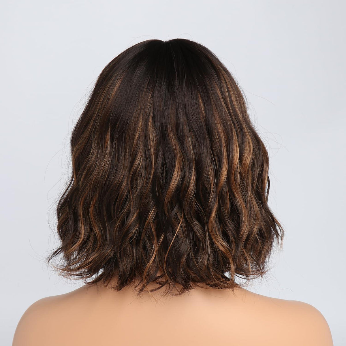 Braune Bob Perücke mit Pony & Highlights - Schulterlang, Lockig