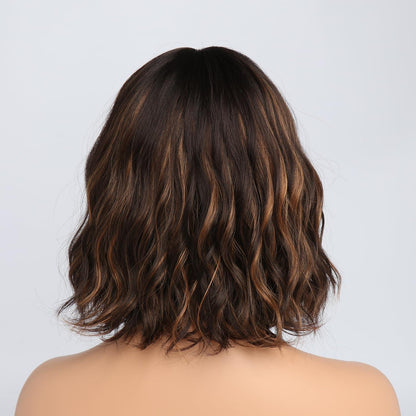 Braune Bob Perücke mit Pony & Highlights - Schulterlang, Lockig