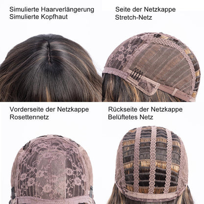 Braune Bob Perücke mit Pony & Highlights - Schulterlang, Lockig
