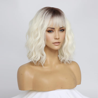 Platinblond Bob Perücke mit Pony – Wellige Damenperücke Schulterlang