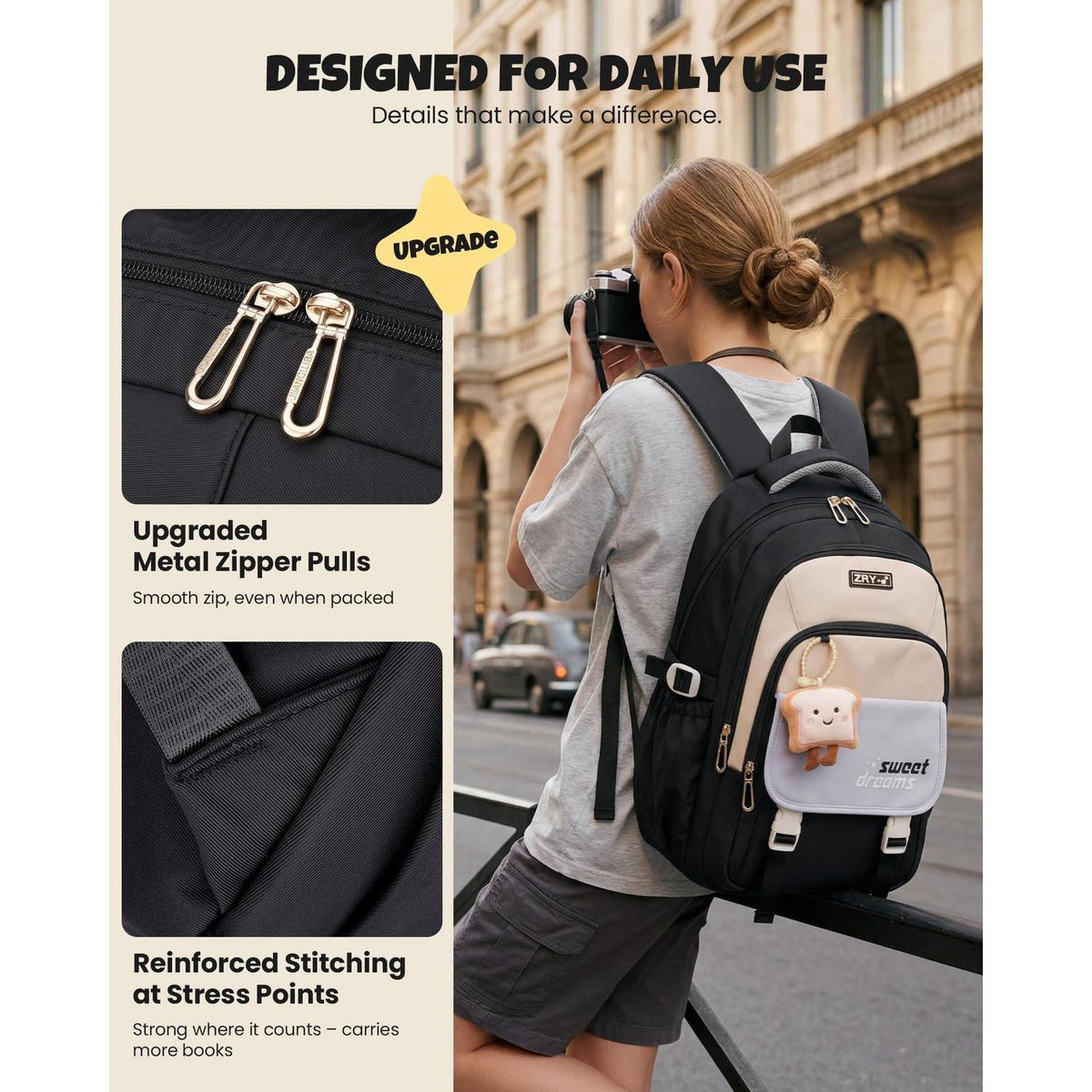 Schulrucksack Teenager Mädchen - 36L, Schwarz