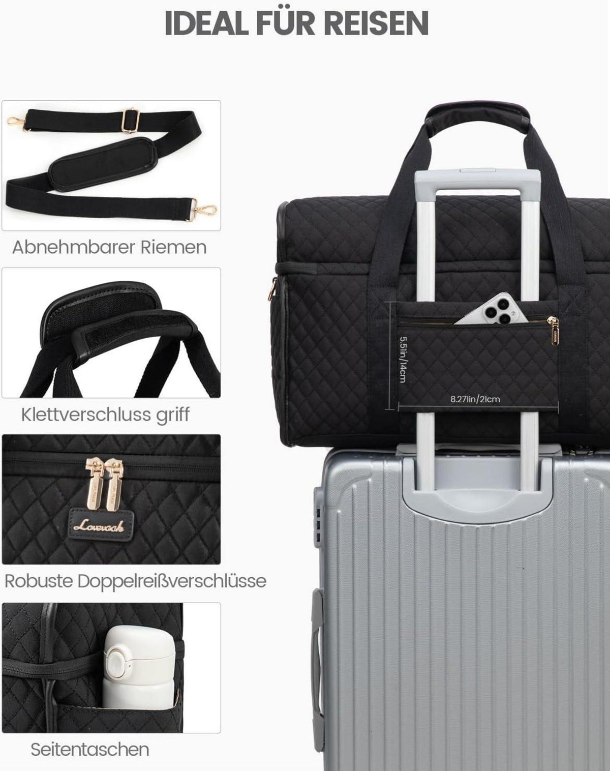 Große Damen Reisetasche Handgepäck Weekender Travel Duffle Bag Schwarz