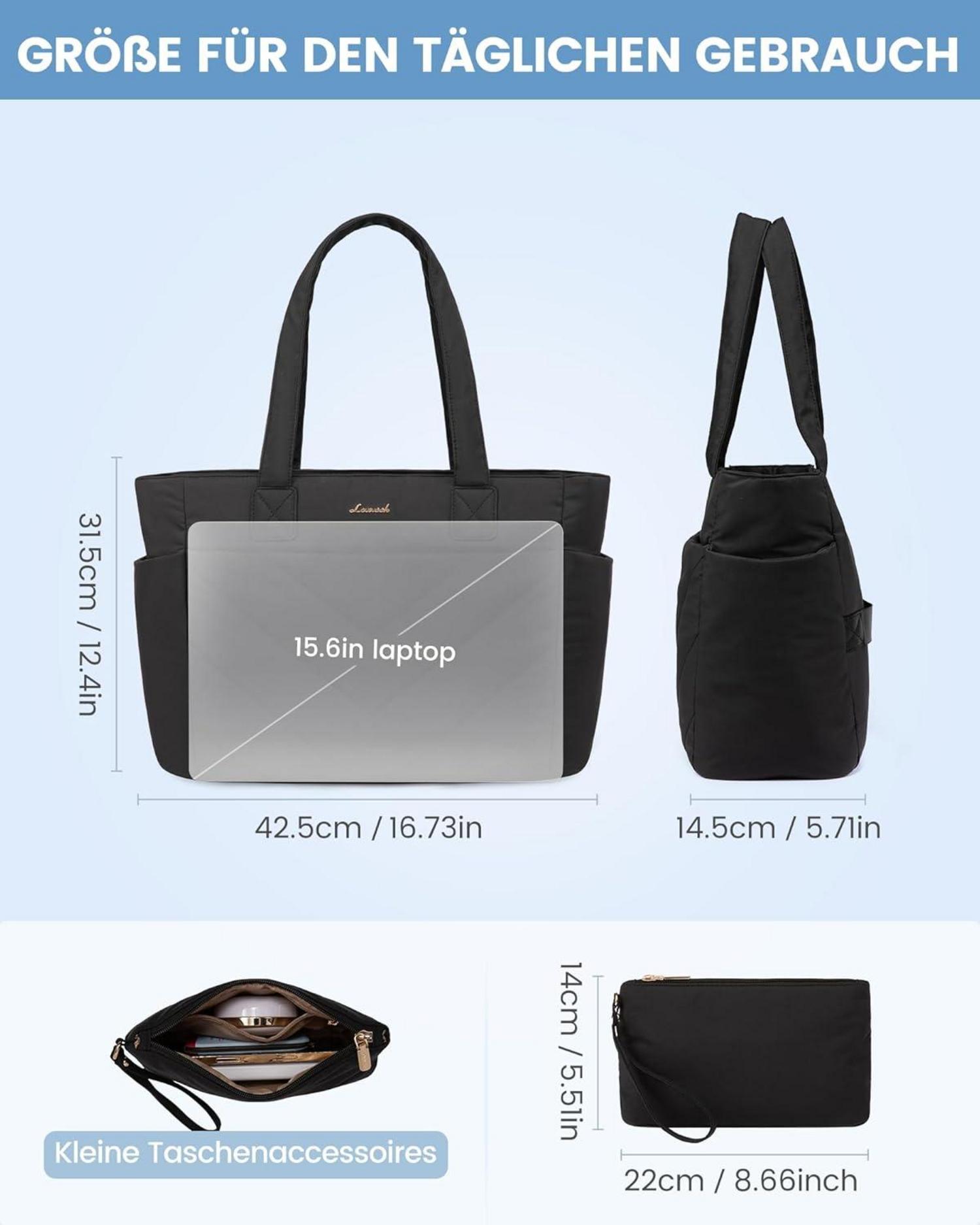 Schwarze Laptoptasche Damen 15,6 Zoll Handtasche Groß mit V-Förmigem Nahtdesign